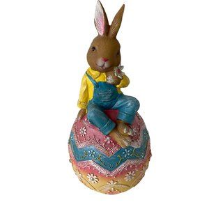 Easter resin egg with sitting bunny daisy flower decor multicolor 11"